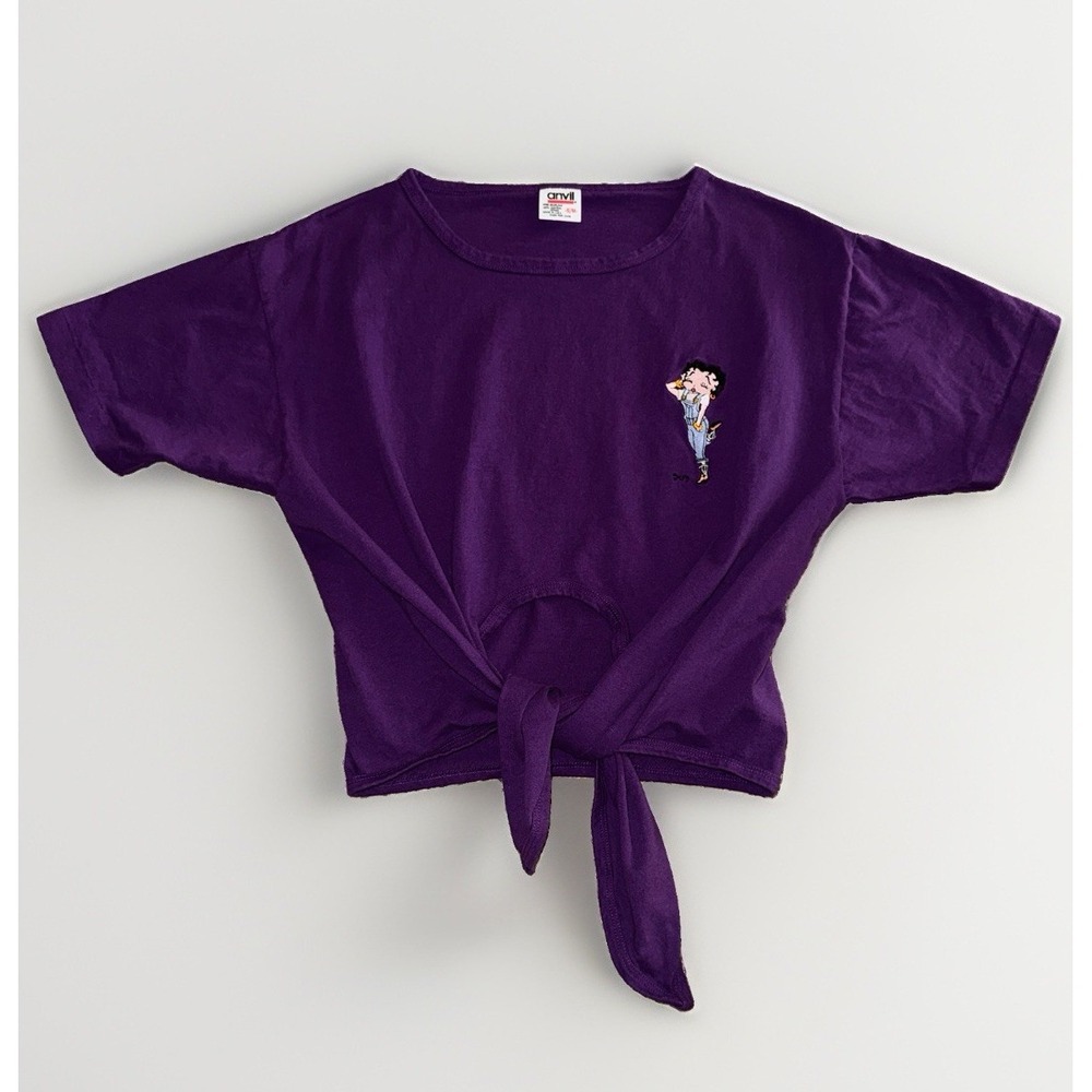 VTG 90s Cowgirl Country Betty Boop Purple Crop Tee Front Knot Anvil USA S/M